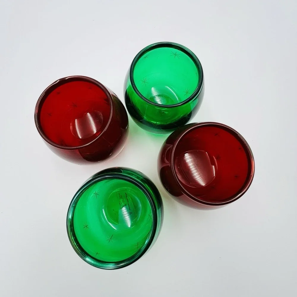 Votive Holder Set Etched Starburst Red Green Glass Hand‎ Blown Poland Christmas